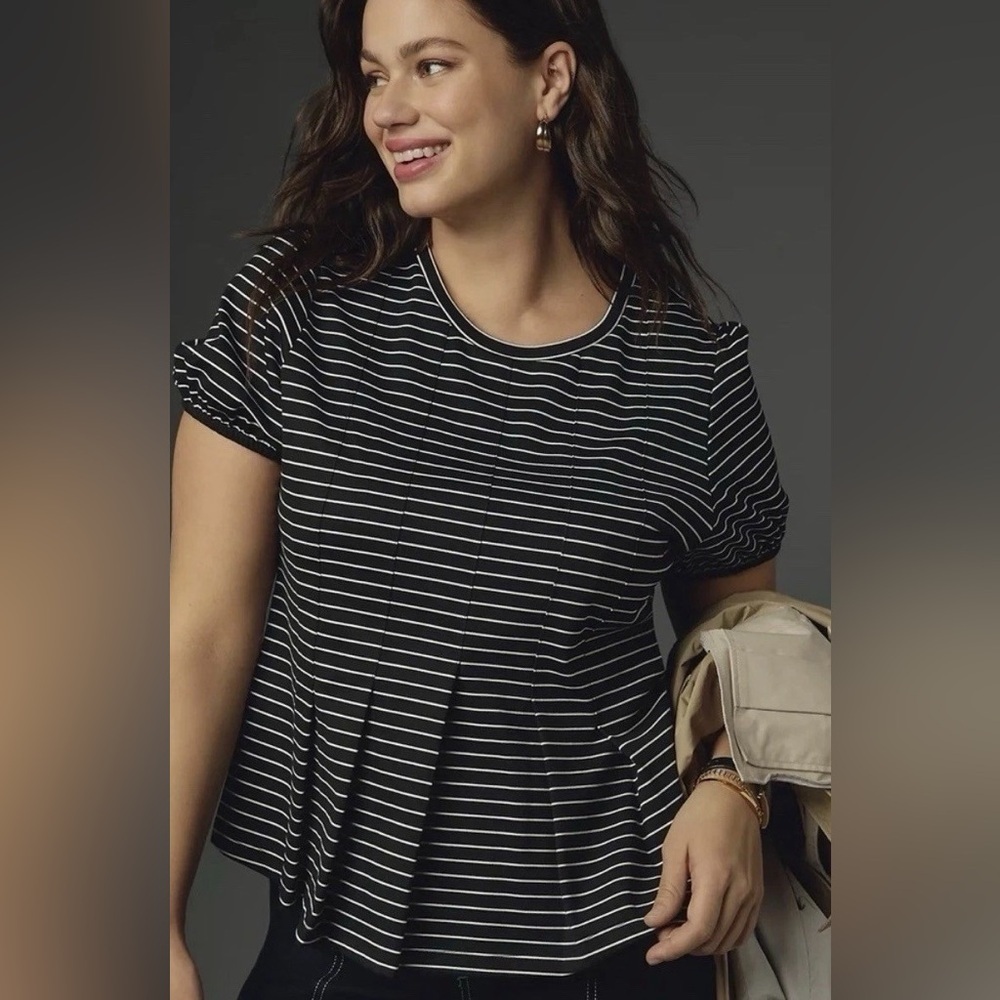 Maeve Anthropologie Black and White Striped Peplum Hem Short Sleeve Size Small